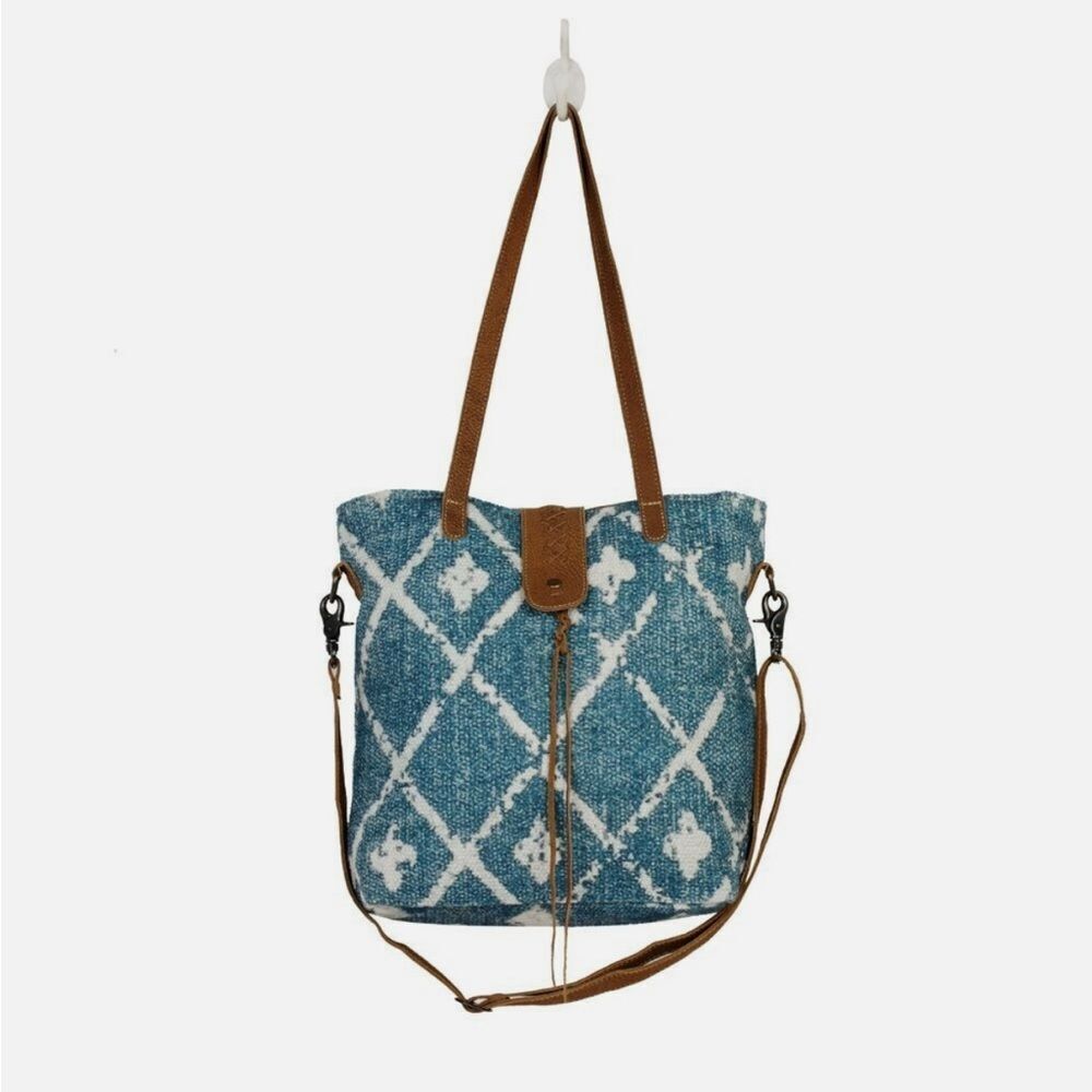 Myra BEGUILE Blue White Rug Canvas Brown Leather Upcycled Tote Bag - Picture 3 of 16